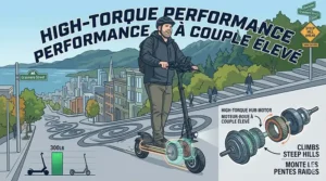 An infographic illustration depicting the 300 lb rider ascending a steep, coiled hill in Vancouver, emphasizing the high-torque hub motor and climbing ability.