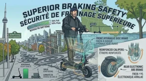 An infographic illustration focused on the superior braking safety of the electric scooter, highlighting its hydraulic disc and electronic ABS brakes with reinforced calipers.