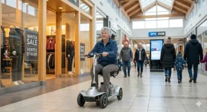 Senior using a compact electric scooter for mobility inside a spacious Canadian shopping mall during winter.