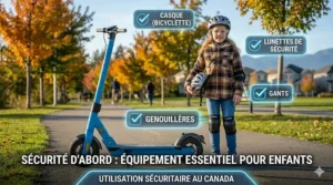 A checklist illustration of essential safety gear for a 10-year-old riding an electric scooter in Canada, including knee pads and helmet.