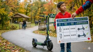 Bilingual English and French (Français) size guide to help parents choose an electric scooter with best safety features for kids based on height and weight.