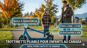 Illustration of a lightweight, foldable electric scooter for 10 year olds, easy for parents to carry into a car or garage.