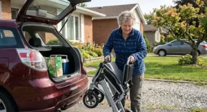 Senior woman loading a lightweight folding electric scooter into a car trunk for easy transport.