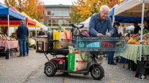 Infographic showing the long-range battery life of a 3 wheel electric scooter with seat, ideal for long distances in Canadian suburbs.