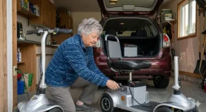 Long-range electric scooter for seniors charging in a home garage, highlighting easy battery access.