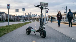 Illustration showing the long-range battery capacity of a heavy-duty electric scooter for long commutes in sprawling Canadian suburbs.