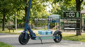 Close-up illustration of the internal battery on a budget electric scooter for kids, emphasizing 60 minutes of continuous ride time.