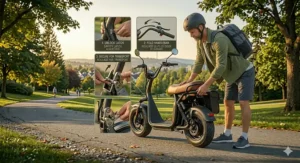 4K photorealistic infographic showing a long-range battery integrated into a comfortable electric scooter with a seat.