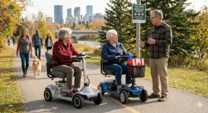 Two Canadian seniors enjoying social independence while riding their electric scooters in a friendly community setting.
