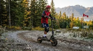 Illustration of a teenage boy in a Toronto FC jersey navigating a winding gravel trail through a pine forest on a rugged, all-terrain electric scooter.
