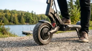 Detailed view of 10-inch pneumatic tires on a sturdy electric scooter designed for stability on varied Canadian terrain.