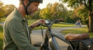 Illustration of a high-performance electric scooter with a seat being folded for easy transport in a car trunk.