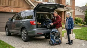 Illustration showing how a stable senior electric scooter folds compactly to fit into the trunk of a car for travel across Ontario.