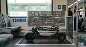 A heavy-duty electric scooter folded for easy transport on a GO Train or Montreal Metro during a daily commute.