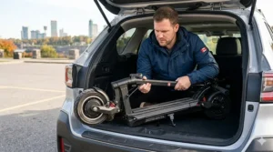Illustration of a heavy-duty scooter folded to fit into the trunk of a car, showcasing portability for Canadian road trips.