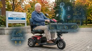 Detailed view of the LED headlights and rearview mirrors on a 3 wheel electric scooter with seat for safe evening riding.