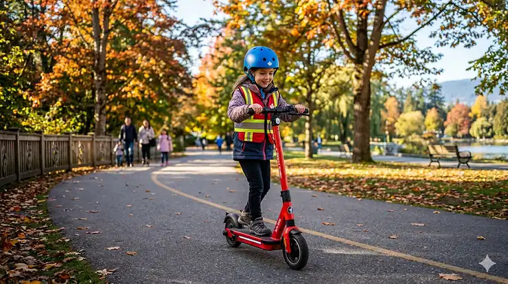A 6-year-old wearing a CSA-certified helmet riding a safe electric scooter on a paved Canadian park path in Toronto. safe electric scooter for 6 year old