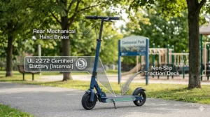 Technical diagram of an affordable electric scooter for Canadian kids highlighting the UL 2272 safety certification and hand brake.