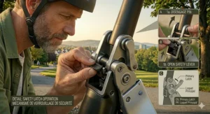 Bright LED safety lights on a seated electric scooter illuminated during a dim afternoon in a Canadian suburban area.