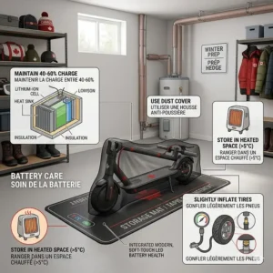 A photorealistic graphic illustration and infographic diagram showcasing essential safety gear, including a dual-certified helmet and pads, required for safe electric scooter riding with bilingual labels.