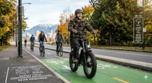 An illustration of a rider wearing a helmet and safety gear while operating a fat tire electric scooter on a dedicated Canadian bike lane.