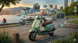 Infographic comparing gas prices in Canada to the low cost of charging a Vespa style electric scooter.