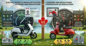 Graphic explaining licensing rules for an electric moped scooter vs regular scooter in Canada and Quebec.