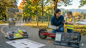 Illustration showing water-resistant components of a scooter, ideal for damp Canadian spring or autumn days.