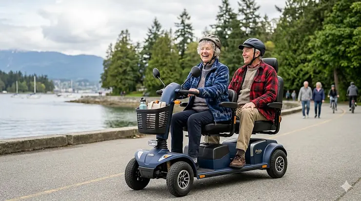 A senior couple riding a stable four-wheel electric scooter along the Vancouver seawall with Stanley Park in the background.