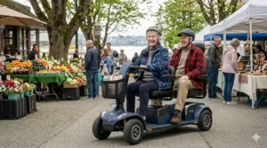 A technical diagram showing the low center of gravity and anti-tip wheels of a stable electric scooter designed for Canadian seniors.