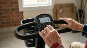 Detailed view of ergonomic handlebars on a senior-friendly electric scooter, emphasizing ease of use and steering stability.