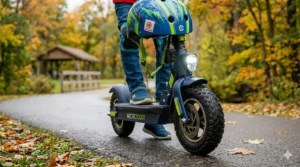 Close-up of an extra-wide anti-slip deck and puncture-proof tires, providing the best safety features for kids riding on varied Canadian terrain.