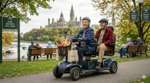 A senior-friendly electric scooter parked safely on a paved path in an Ottawa park, highlighting its upright stability while stationary.