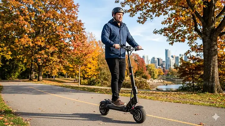 A tall man riding a sturdy electric scooter for big guys down a paved path in a Canadian park, featuring a heavy-duty frame designed for weight capacity and stability.