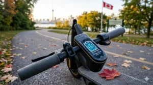 A close-up photorealistic image focusing on an electric scooter’s digital display, showing a battery icon with a snowflake symbol, highlighting e-scooter range performance in cold weather for Canadian users.