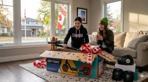A festive photorealistic image of a Canadian teenager excitedly unboxing a new electric scooter in a living room, decorated with a maple leaf ribbon.