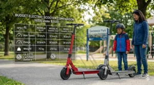A photorealistic comparison chart showing specs for the best budget electric scooters for kids under $200 available in the Canadian market.