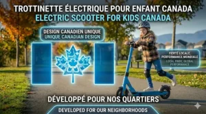 Bilingual graphic featuring a trottinette électrique (electric scooter) for kids with Canadian flag motifs and maple leaf accents.