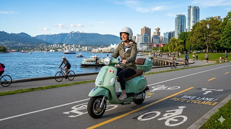 A person riding a mint green Vespa style electric scooter through a historic Canadian downtown street, highlighting eco-friendly urban mobility in Canada.