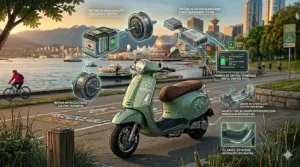 A technical drawing of a 500W motor on a Vespa style electric scooter, meeting Canadian power regulations for limited-speed motorcycles.