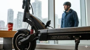 Illustration of a heavy-duty e-scooter with an IP-rating for water resistance, suitable for wet Vancouver or Toronto streets.