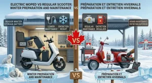 Illustration of winterizing an electric moped scooter battery for the cold Canadian climate compared to a regular scooter engine.