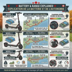 A photorealistic graphic illustration and detailed infographic showing proper indoor winter storage for an electric scooter in a heated basement with battery and tire care tips for Canada.