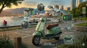 Illustration of a Vespa style electric scooter safely stored in a garage, emphasizing maintenance for the Canadian off-season.