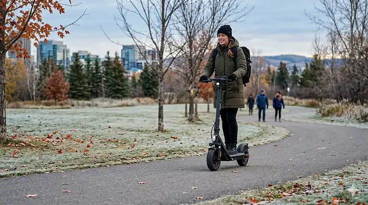 A commuter riding a high-quality cold weather electric scooter under $1000 down a cleared winter bike lane in a Canadian city, demonstrating durable winter performance.