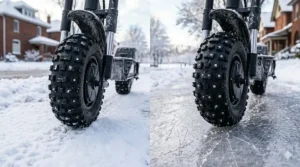 A close-up side-by-side comparison of deep-tread off-road tires and studded tires gripping icy pavement.