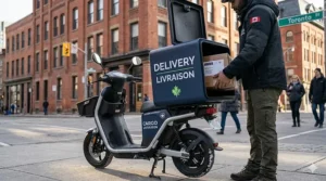 A photorealistic commercial electric cargo scooter for delivery featuring bilingual English and French signage 'DELIVERY / LIVRAISON' for the Canadian market.