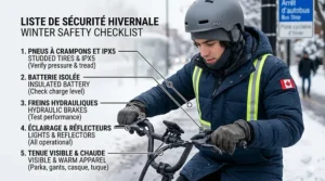 Illustration of a Canadian commuter with a certified helmet, high-visibility jacket, and winter gear on an e-scooter.