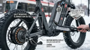 Step-by-step visual guide on how to clean road salt and slush from an electric scooter that works in snow.