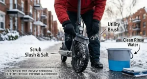 Close-up photorealistic image of a hand wearing the dark glove seen in image_0.png, using a wet cloth to clean corrosive Canadian road salt from an electric scooter's frame.
